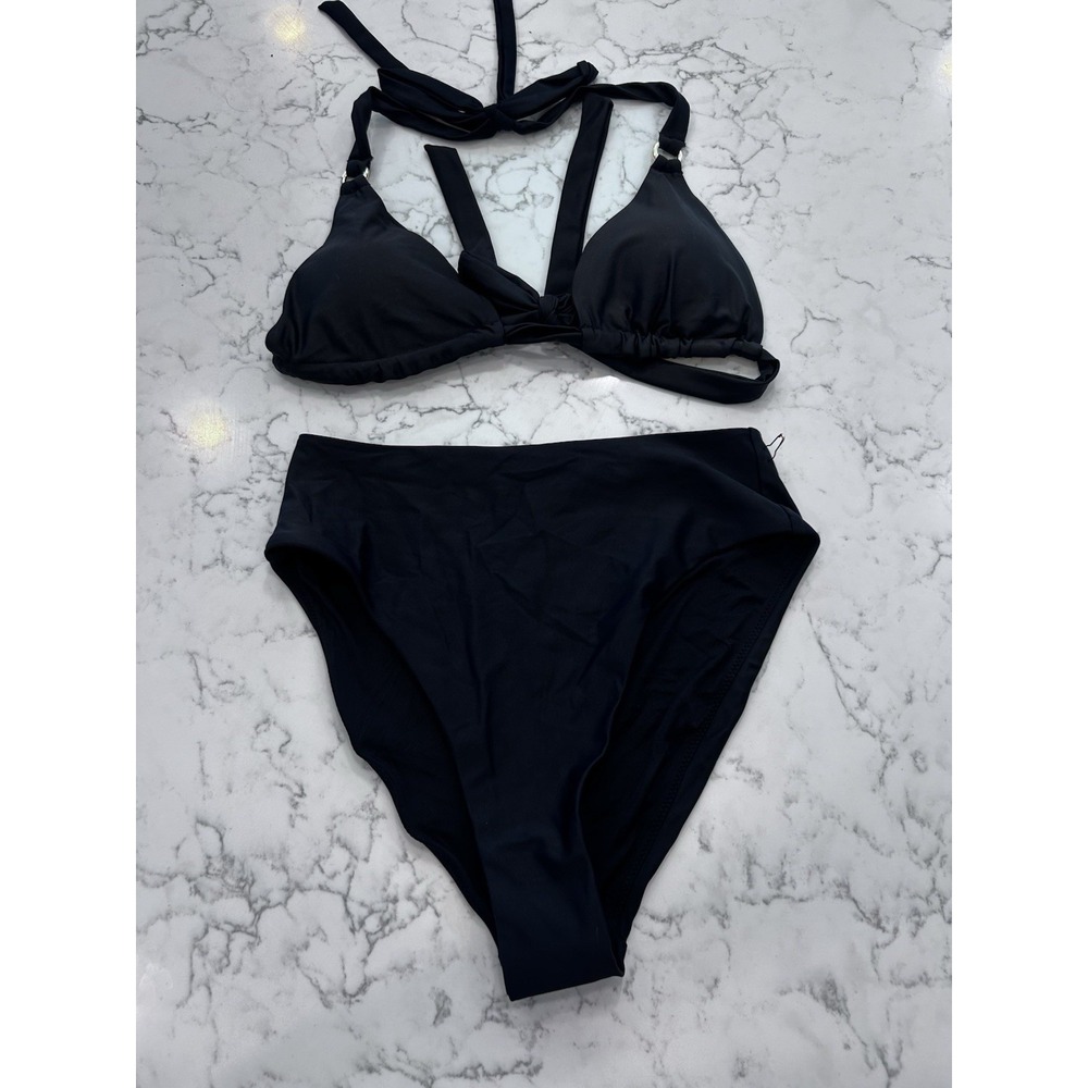 NWOT Quince Black Italian Full Coverage Ring Triangle Bikini Top & Bottom Set